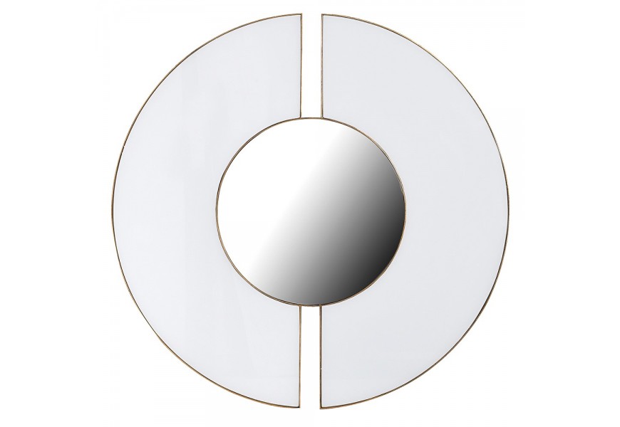 Art deco moderné okrúhle zrkadlo Develly II v hnedom ráme s bielym MDF panelom rozdeleným na dve časti