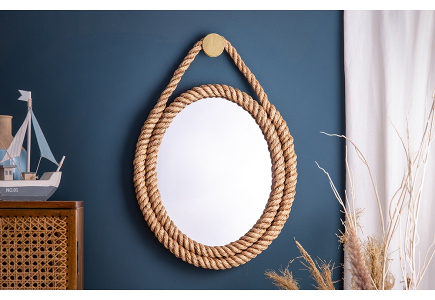 Koloniálne závesné zrkadlo Marinero s rámom z povrazu okrúhle 62 cm