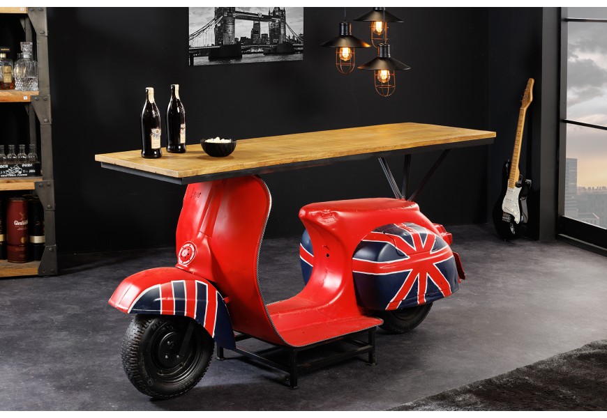 Štýlový barový pult London s masívnou drevenou doskou a podstavou v tvare motorky červenej farby