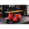 Štýlový barový pult London s masívnou drevenou doskou a podstavou v tvare motorky červenej farby
