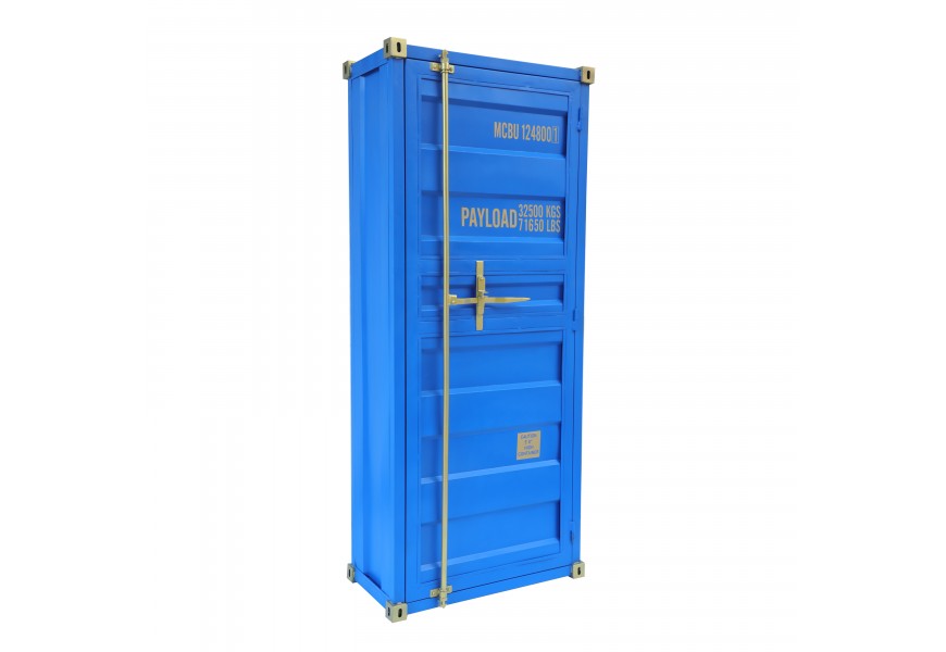 Vintage barová skrinka Perez v modrej farbe z masívneho mangového dreva s úložným priestorom na flaše a poháre