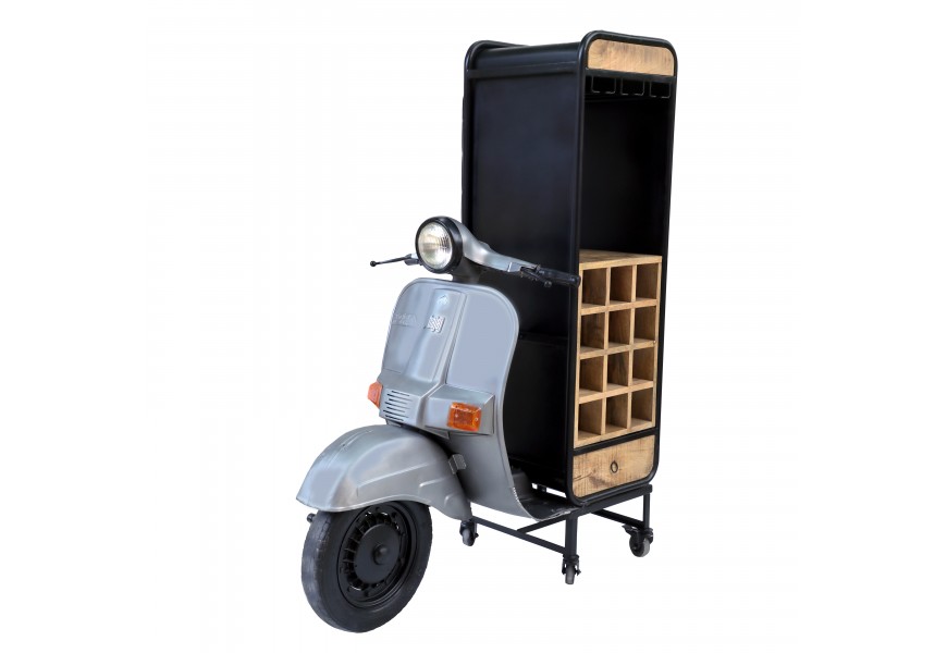 Štýlová barová skrinka Ride s vinotékou a úložným priestorom s podstavou v tvare motorky