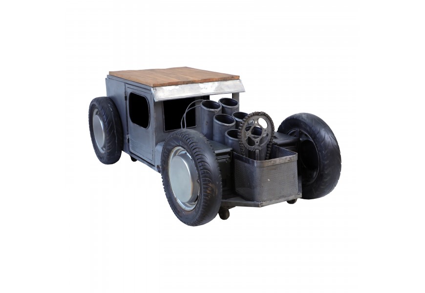 Vintage štýlový konferenčný stolík Malcom s podstavou v tvare starého vozidla a s masívnou hnedou doskou
