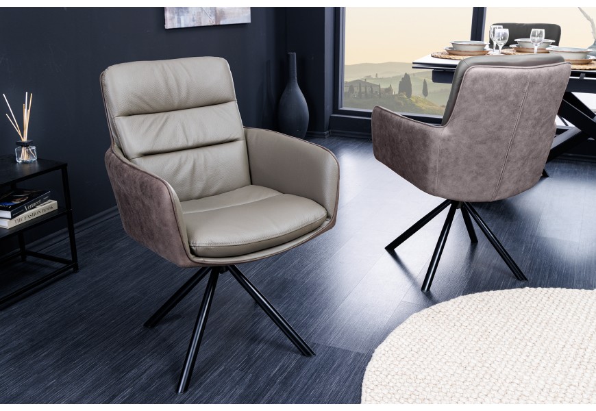 Moderná industriálna stolička Coiro s čiernymi matnými nožičkami z kovu a koženým poťahom v sivom odtieni taupe