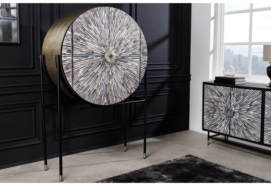 Luxusná Art-deco okrúhla barová skrinka Hueso so zrkadlom a mozaikou z byvolej kosti 160cm