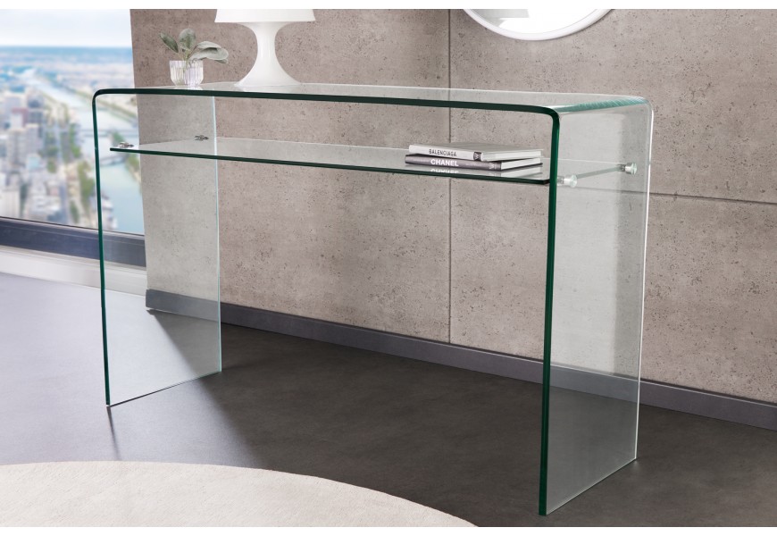 Sklenený konzolový stolík Ghost so zaoblenými hranami a poličkou, transparentný so zeleným detailom, 100 cm