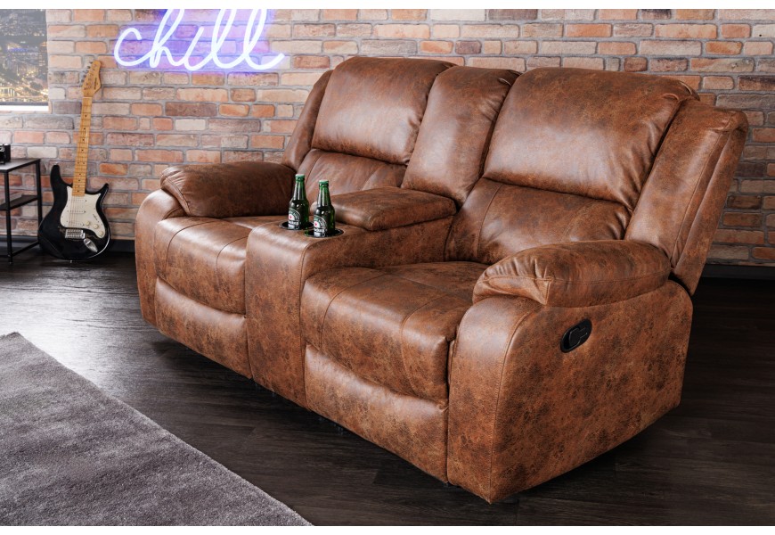 Luxusná vintage domáca kinosedačka s držiakom na poháre a úložným priestorom, dvojmiestna polohovateľná, hnedá