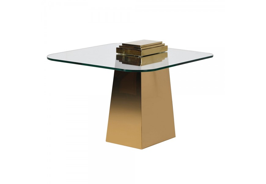 Luxusný štvorcový príručný stolík Kelly v art deco štýle so zlatou podstavou a sklenenou doskou z kaleného skla