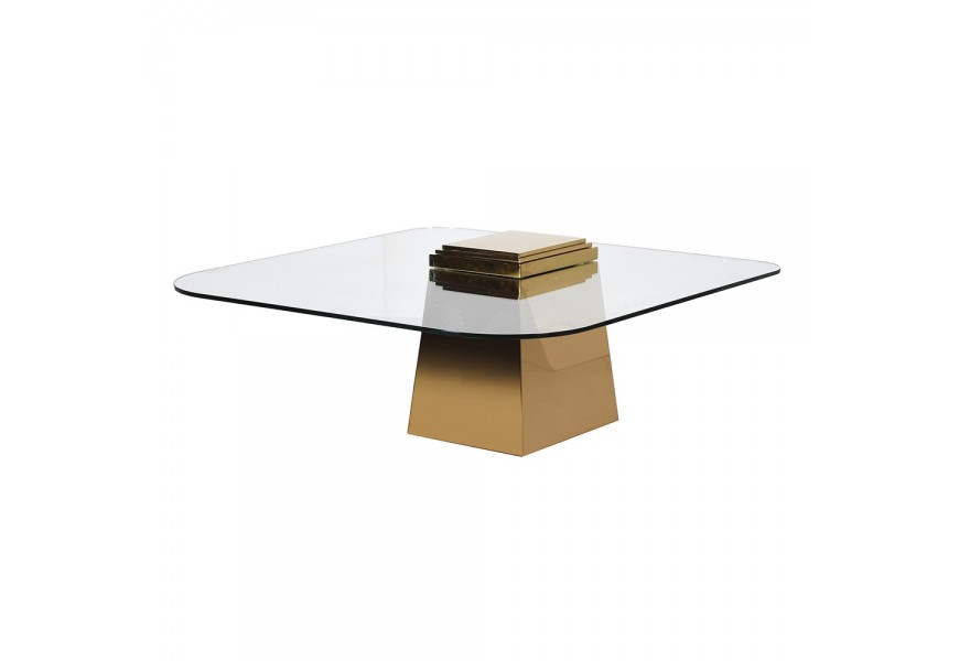 Luxusný kubistický štvorcový konferenčný stolík Kelly v art-deco štýle štvorcového tvaru so sklenenou doskou a zlatou podstavou