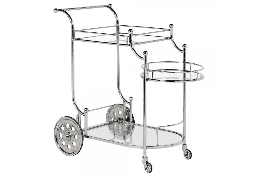 Dizajnový glamour  servírovací chromovaný vozík na kolieskach Aler v art-deco štýle v striebornej farbe spolicami zo skla