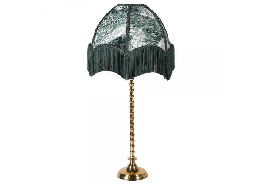 Strapcová stolová lampa Zali vo viktoriánskom štýle so vzorovaným tienidlom v odtieňoch borovicovej zelenej a kovovou zlatou podstavou