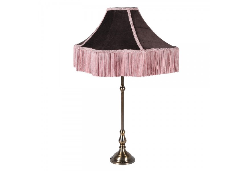 Luxusná vintage lampa Gasell s tienidlom v granátovej červenej farbe a pastelovými ružovými strapcami s kovovou podstavou v bronzovej farbe