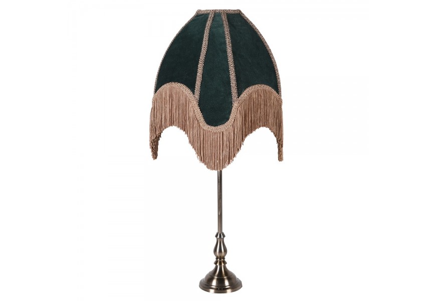 Luxusná stolová lampa Tafran vo viktoriánskom štýle s tienidlom v zelenej borovicovej farbe a béžovými strapcami