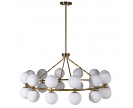 Luxusný glamour okrúhly luster Linis v art-deco štýle s kovovou kruhovou konštrukciou v zlatej farbe a s bielymi sklenenými guľami