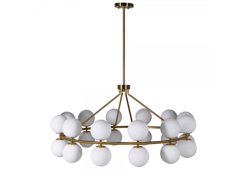 Luxusný glamour okrúhly luster Linis v art-deco štýle s kovovou kruhovou konštrukciou v zlatej farbe a s bielymi sklenenými guľami