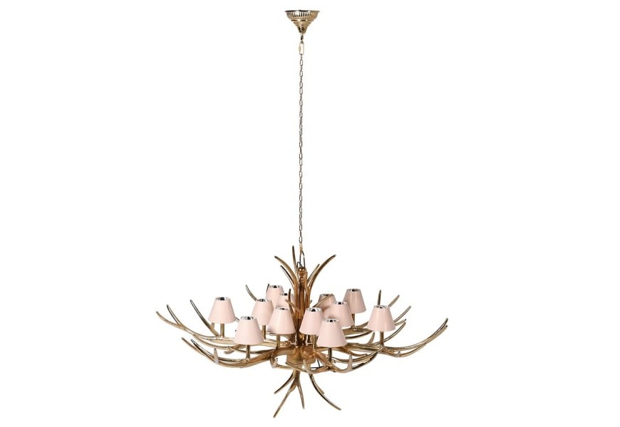 Dizajnový zlatý luster Stag so zlatou kovovou konštrukciou parožia vo vintage štýle