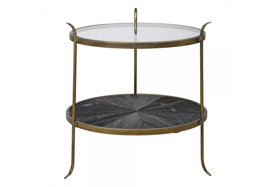 Industrialny vintage sklenený okrúhly príručný stolík s dizajnom kovu v starozlatej farbe a borovicoveho dreva 54cm