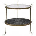 Industrialny vintage sklenený okrúhly príručný stolík s dizajnom kovu v starozlatej farbe a borovicoveho dreva 54cm