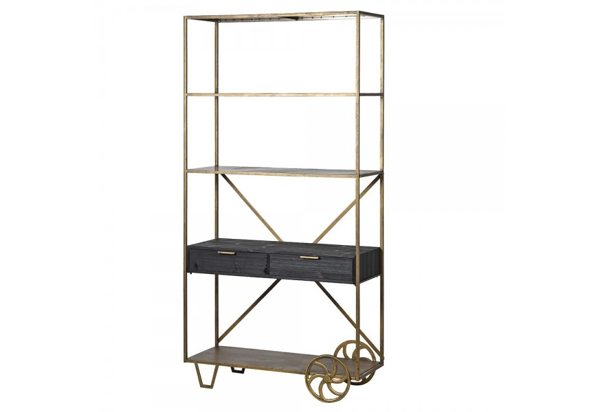Luxusný vintage regál so štyrmi poličkami a dvoma zásuvkami na kolieskach s borovicovym drevom a kovovov konštrukciou posiatou staromedenou patinovou farbou 203cm
