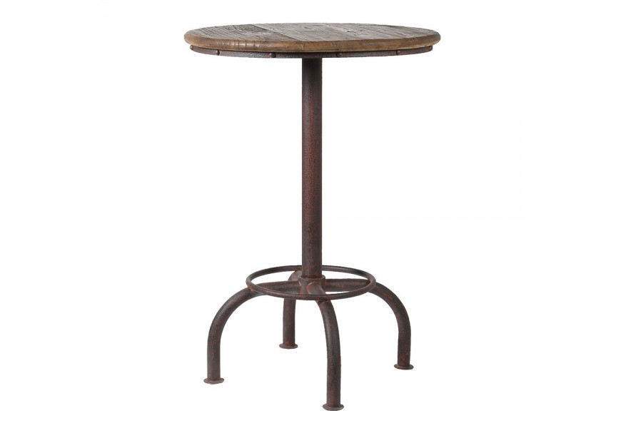 Industrialny okrúhly barový stolík z breskového dreva a prekríženými kovovými nožičkami s hrdzavym efektom