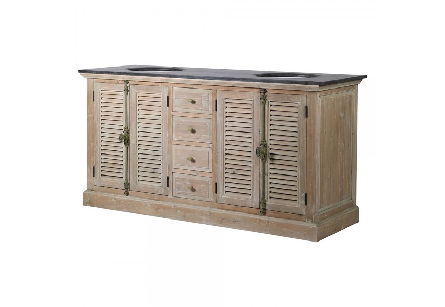 Masívna vidiecka kúpeľnová skrinka z borovicového dreva s dvoma umývadlami a čiernou mramorovou doskou s nádychom vintagu 180cm