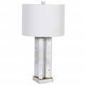 Moderná dizajnová stolová lampa Carrara s podstavou z mramoru a tienidlom z ľanového materiálu sivobiela 65 cm