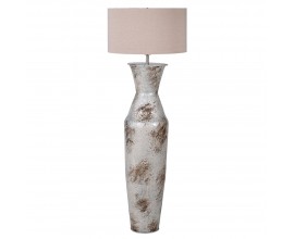 Vysoká glamour stojaca lampa so striebornou podstavou a hnedými reliéfnymi škvrnami a ľanovým tienidlom
