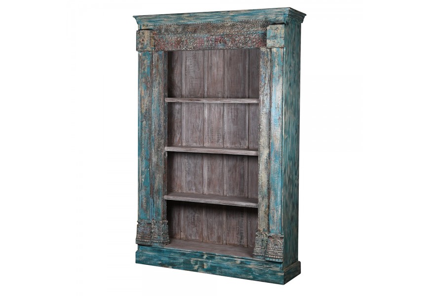 Exkluzívna orientálna knižnica Bjork z masívneho dreva v hnedo-modrom prevedení s vintage patinou