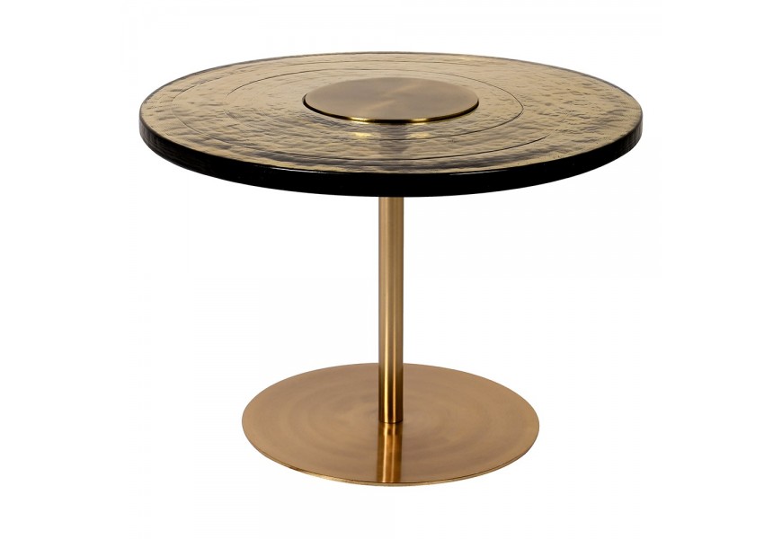Glamour okrúhly príručný stolík z kovovej podstavy s jednou nozickou zlatej farby s hrubou sklenenou povrchovou doskou