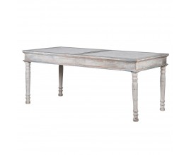 Luxusný vintage jedálenský stôl Valensole obdĺžnikový v Provence štýle s vrchnou doskou s kazetami skleneným povrchom a vyrezávanými nožičkami biela