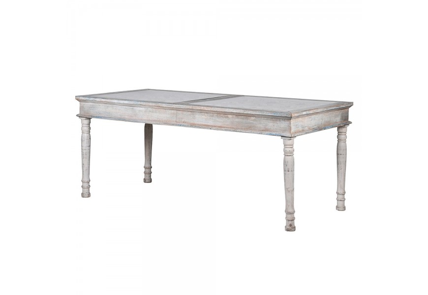 Luxusný vintage jedálenský stôl Valensole obdĺžnikový v Provence štýle s vrchnou doskou s kazetami skleneným povrchom a vyrezávanými nožičkami biela