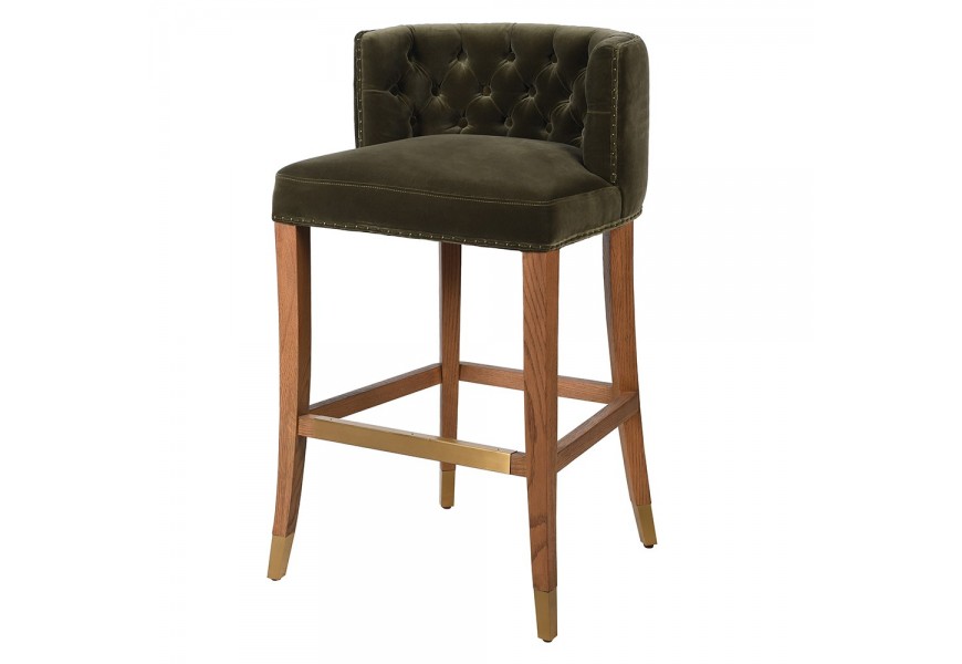 Luxusná barová stolička Strasbourg v štýle art deco s poťahom zo zamatu a chesterfieldovým prešívaním tmavá olivová zelená