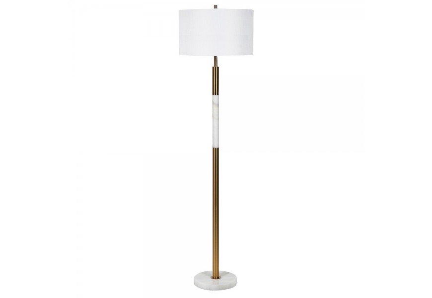 Dizajnová art deco stojaca lampa Medelin so zlatou kovovou konštrukciou, bielou mramorovou podstavou a bielym tienidlom