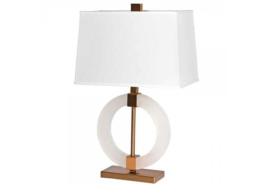 Luxusná stolová lampa Cersei v glamour štýle s bronzovou konštrukciou a dizajnovým kruhovým podstavcom z mramoru s bielym ľanovým tienidlom