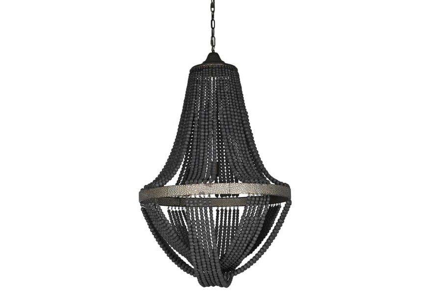 Štýlový vintage korálkový luster Chamana v čiernom prevedení s konštrukciou z kovu a dreveným korálkovým zdobením