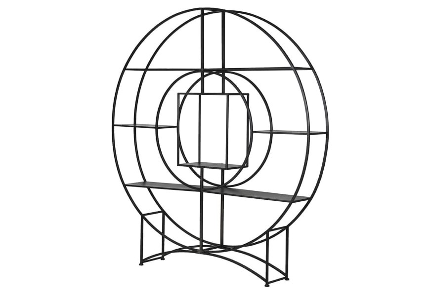Dizajnový industriálny regál Mabel okrúhleho tvaru s poličkami z kovu v čiernej farbe