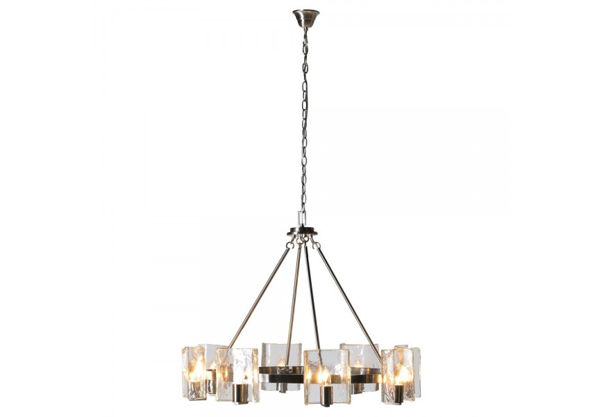 Moderná dizajnová závesná lampa Oito s centrálnou kruhovou konštrukciou s ôsmimi ramenami so sklenenými plátmi v chrómovom striebornom prevedení