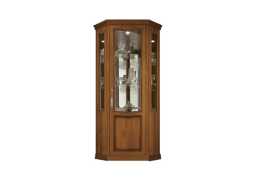 Luxusná rustikálna rohová presklená vitrína Castilla so sklenenými poličkami a podsvietením s vyrezávaným zdobením svetlohnedej farby