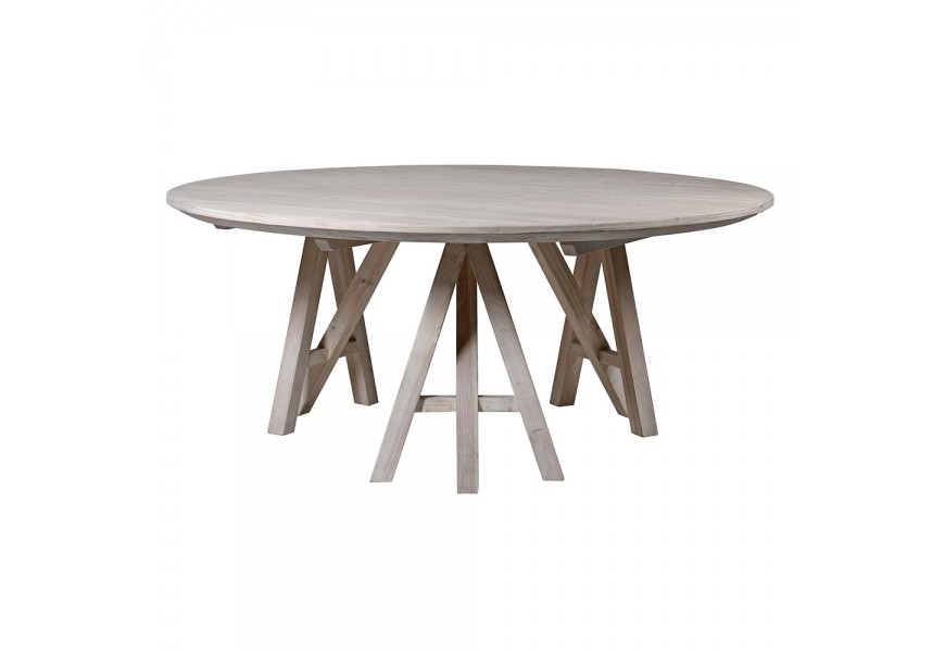 Štýlový provensálsky jedálenský stôl Jurmala okrúhleho tvaru zo svetlohnedého masívneho dreva