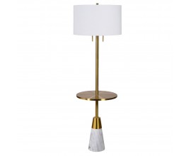 Dizajnová vysoká stojacia lampa Alvy v glamour štýle so zlatou konštrukciou s policou a mramorovou podstavou a ľanovým tienidlom v bielej farbe