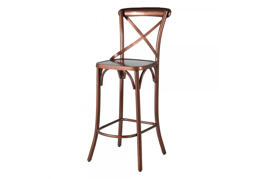 Dizajnová kovová barová stolička Aurel v glamour štýle so zakrivenými nožičkami, dekoratívnymi oblúkmi a opierkou s krížom zlatá farba
