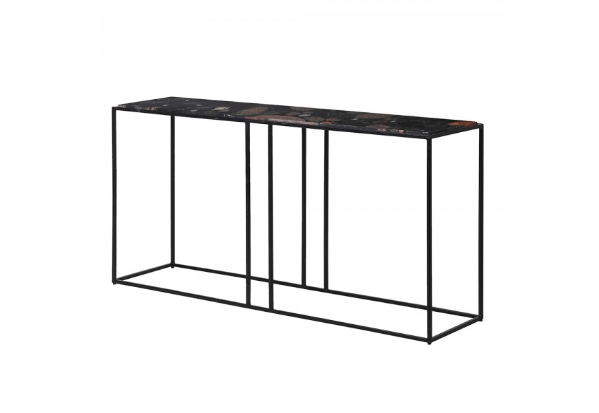 Luxusný obdĺžnikový konzolový stolík s vrchnou doskou z čierneho mramoru a geometrickou železnou konštrukciou