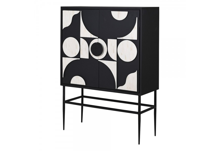 Luxusná inkrustovaná barová skrinka Vasilij v art-deco štýle s geometrickou výzdobou čierna biela 141 cm
