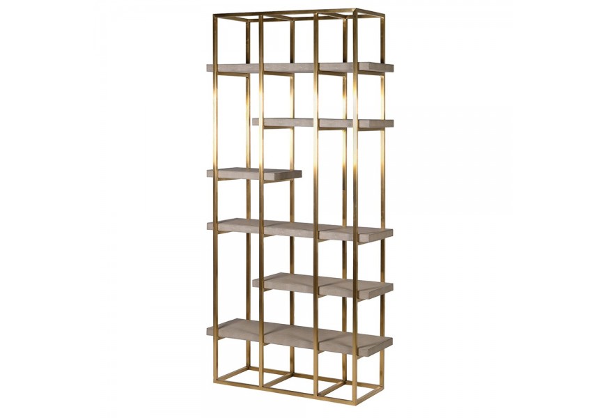 Policový regál Faux Shagreen v art deco štýle so zlatou kovovou konštrukciou a eko koženým poťahom na policiach