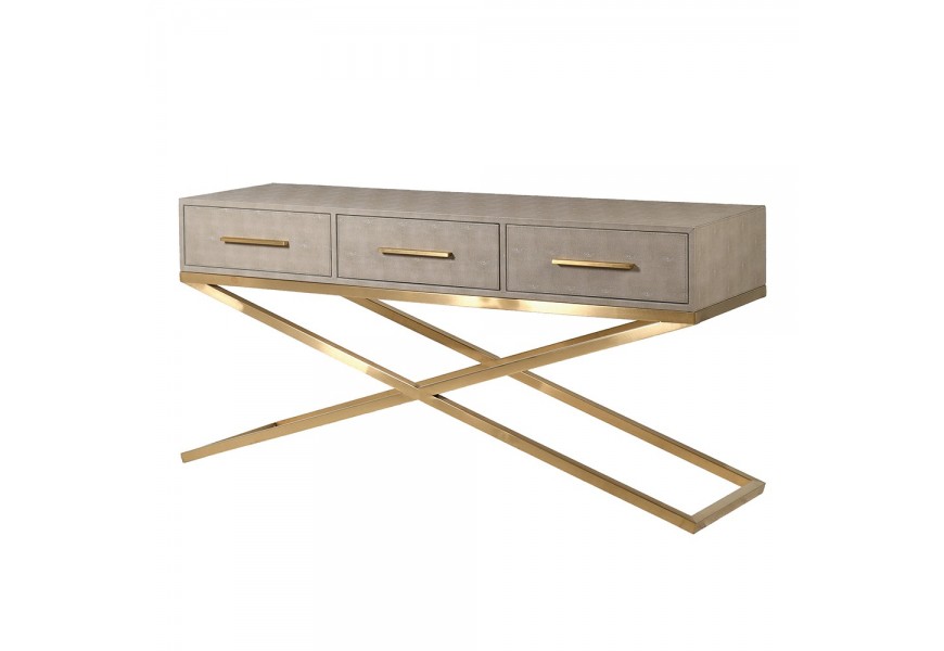 Art deco konzolový stolík Faux Shagreen s eko koženým poťahom a zlatou kovovou konštrukciou