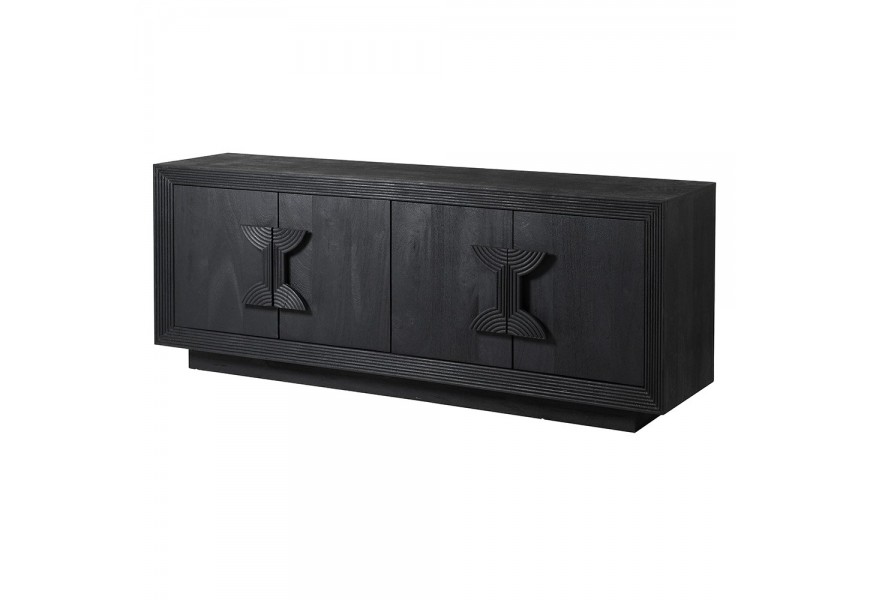 Dizajnový tmavočierny príborník z masívneho mangového dreva so štyrmi dvierkami a štyrmi poličkami