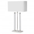 Glamour stolná lampa s dizajnovou kovovou lesklou striebornou konštrukciou a a tienidlom bielej farby