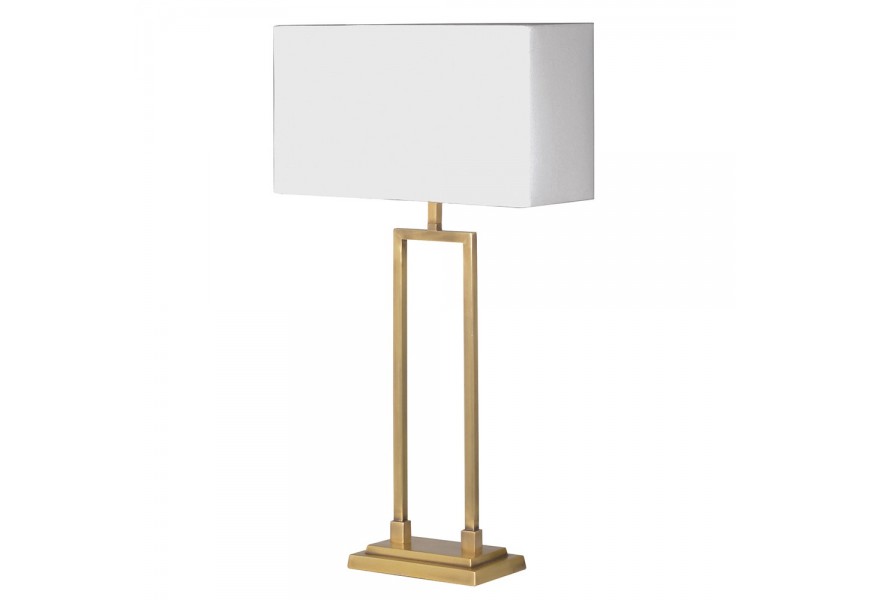 Glamour stolná lampa so zlatou kovovou podstavou v obdĺžnikovom tvare s tienidlom v bielej farbe