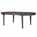 Luxusný vidiecky oválny jedálenský stôl Marqueta s vrchnou doskou s dizajnom parkiet a rustikálnymi vyrezávanými nožičkami z akáciového dreva so sivým náterom