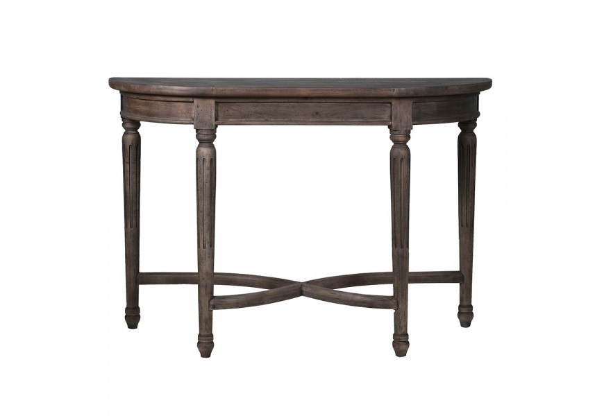 Luxusný poloblúkový konzolový stolík Marqueta s vyrezávanými nožičkami v rustikálnom štýle a s parketovým dizajnom vrchnej dosky z akáciového dreva sivý